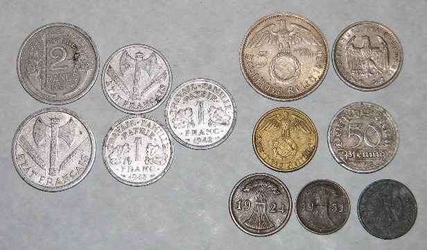 French and German coins brought back by Leslie.
